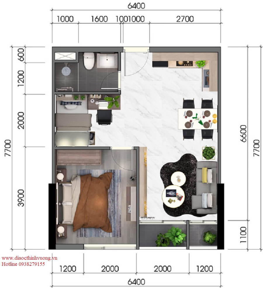 Thiết kế căn hộ 1+1PN diện tích 48 m2