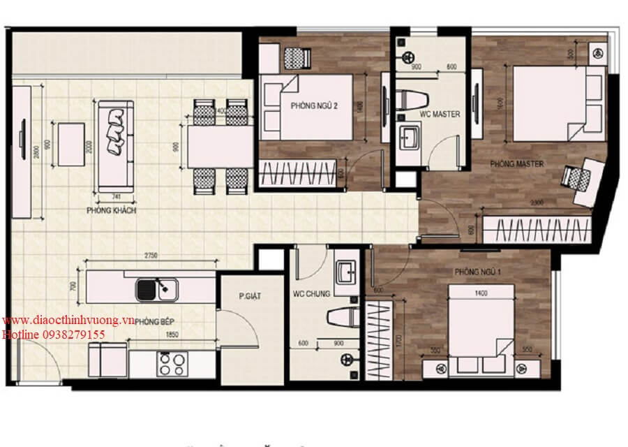 Thiết kế 2D căn hộ 3PN diện tích 93 m2
