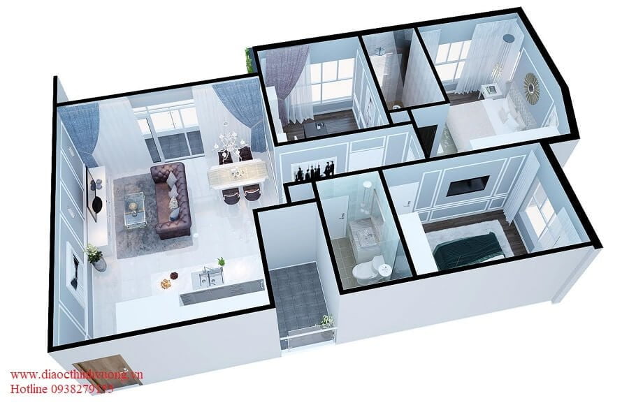 Thiết kế 3D căn hộ 3PN diện tích 93 m2