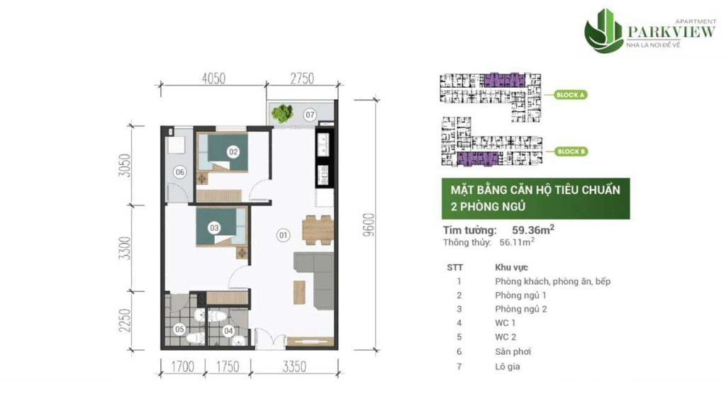 Thiết kế căn hộ 2PN 59.36m2 Parkview