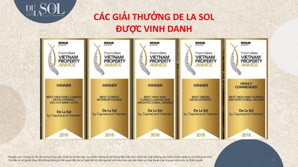 Một số giải thường mà De La Sol được vinh danh tại Vietnam Property Awards