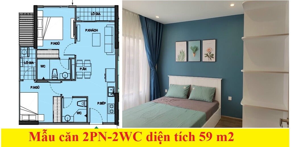 Thiết kế căn hộ 2PN Vinhomes Quận 9 loại 59 m2 có 2WC