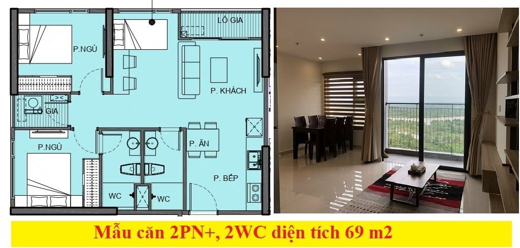 Thiết kế căn hộ 2PN Vinhomes Quận 9 loại lớn nhất 69 m2