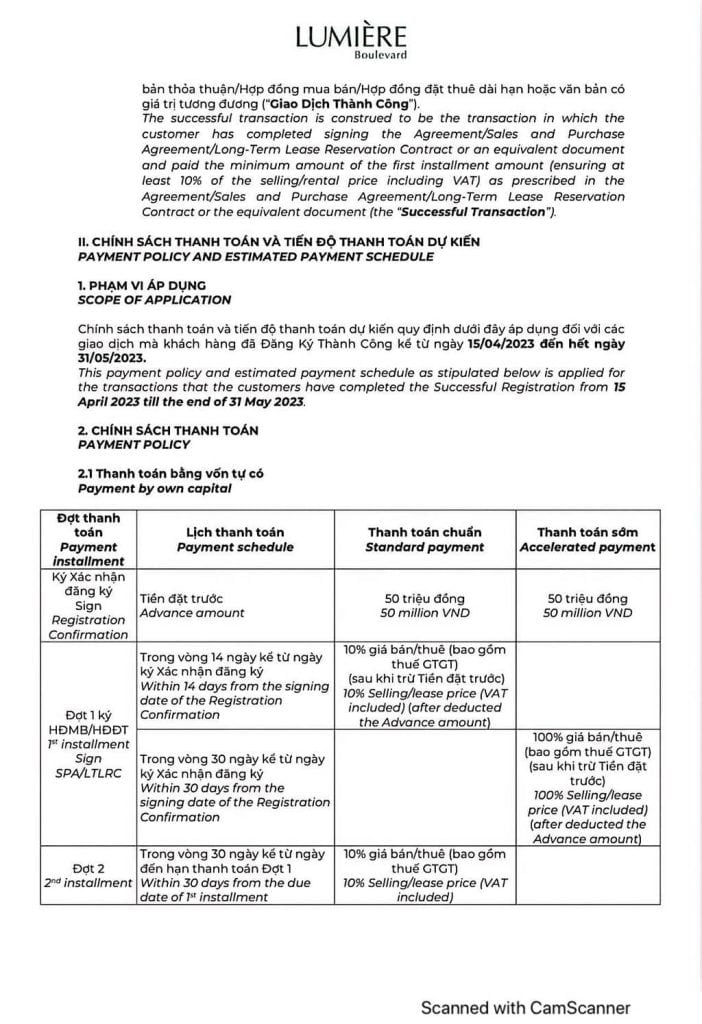 Phương thức thanh toán chuẩn của dự án Lumiere Quận 9 tháng 05/2023